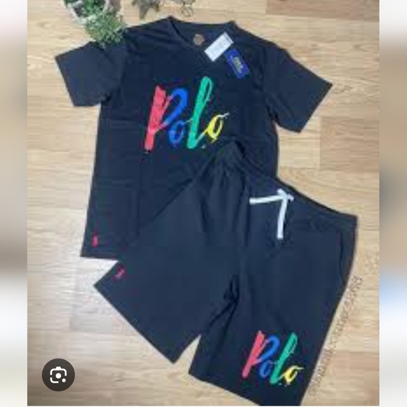 NWT Polo by Ralph Lauren Black Script Tshirt And Shorts Set Size Medium - Picture 2 of 4